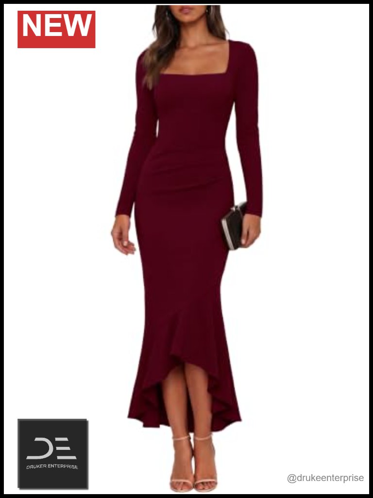Long Sleeve Formal Midi Dress | Square Neck Ruched Waist Bodycon Mermaid Ruffle